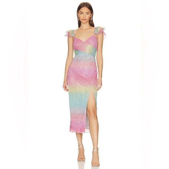 Saylor Myrah Pink Rainbow Side Slit Metallic Ruffle Midi Dress L - Picture 1 of 10